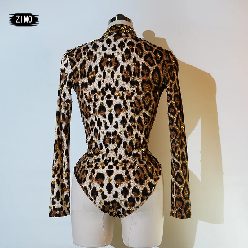 rhinestones bodysuit Sexy Leopard Print Rompers For Women High Collar One Piece Bodycon Female performance pole dance clothing