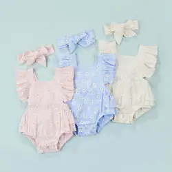 Vêtements d'été 2 pièces pour bébés filles, tenue d'été, imprimé marguerite, manches à volants, dos nu, body avec bandeau à nœud, ensemble décontracté 