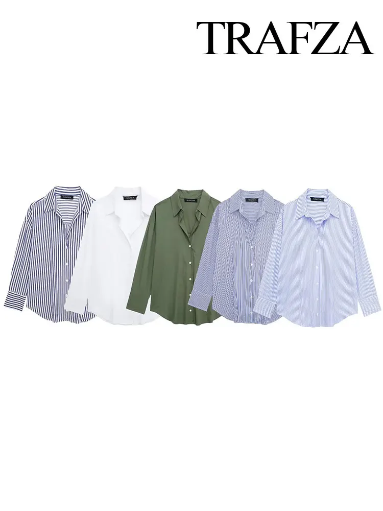 TRAFZA 2024 봄 신사복 포플린 오피스 셔츠 세련된 V 넥 싱글 브레스트 우아한 여성 스트라이프 캐주얼 셔츠 stree..