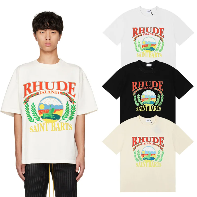 

23ss Rhude T-shirt Printed Monogram Cotton Casual Round Neck Short Sleeve Men's and Women's T-Shirt