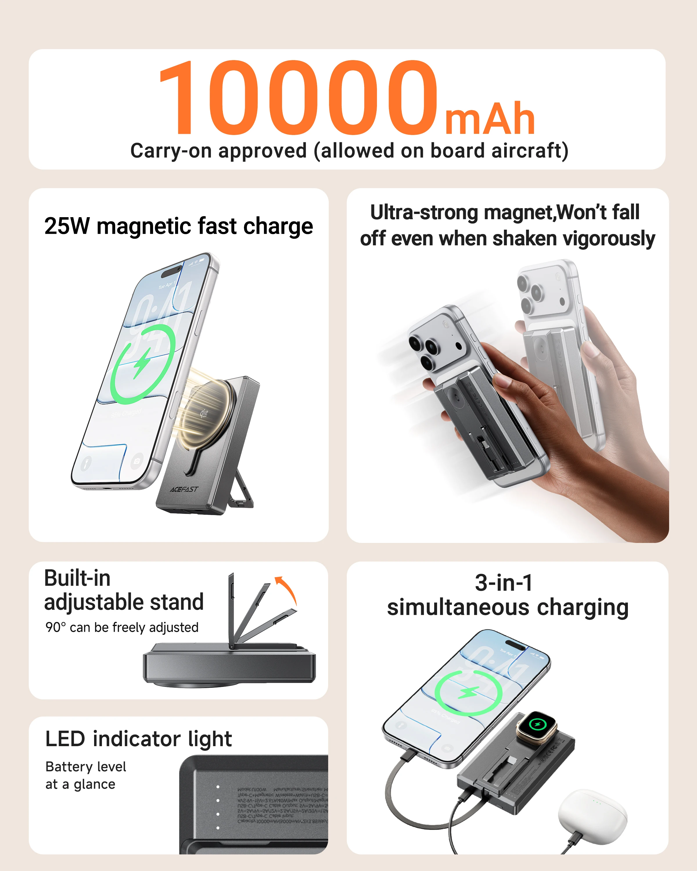 ACEFAST 5000mAh/10000mAh Qi2 25W 고속 무선 충전 마그네틱 반고체 스테이트 파워 뱅크 접이식 시계 충전기 (삼성용)