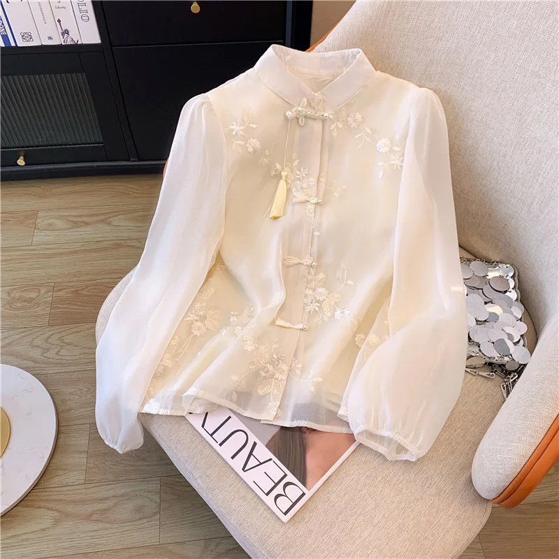 

New Chinese Style Disc Buckle Chiffon Shirt Female Early Spring 2024 New Temperament High-grade Long-sleeved Horse Skirt Top