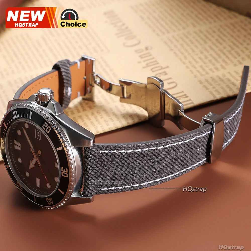 Butterfly Clasp Denim-Style Leather Smartwatch Strap with Pin Buckle