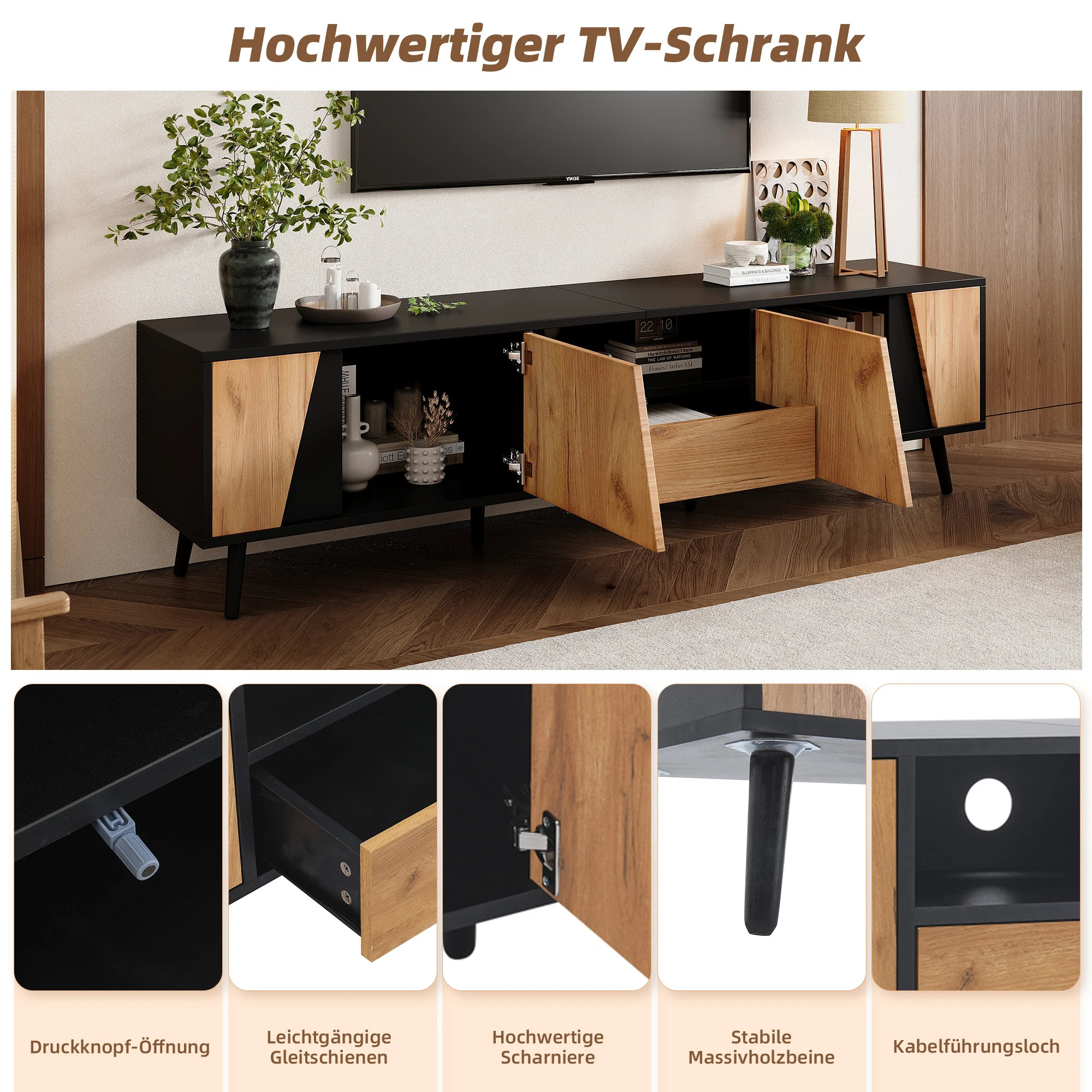 KOMHTOM TV-Schrank - Mit Schubladen, 2 Schränken und 6 Massivholz-Stützbeinen, passend für 75-Zoll-Fernseher – Detail 5