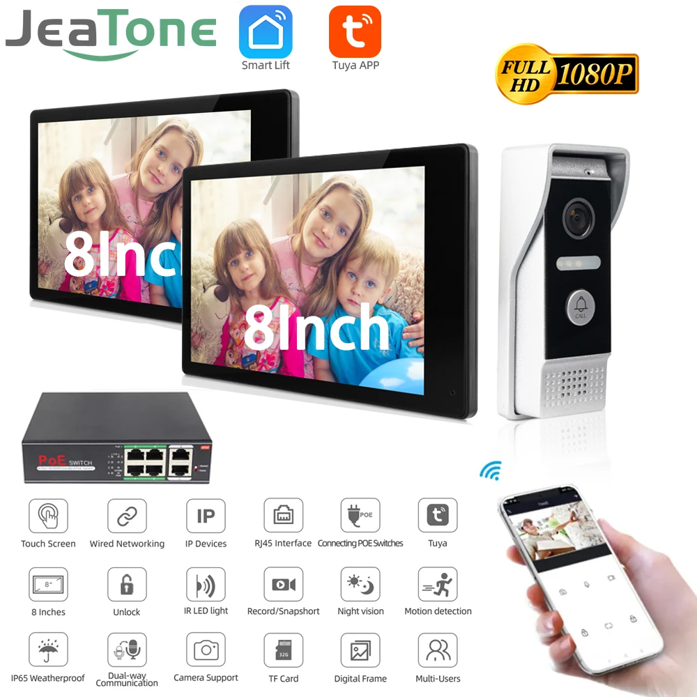 

Jeatone 8Inch Wired WIFI Tuya 1080P IP Video Intercom for 2F-3F Apartment Home Wireless Smart APP Doorbell Camera with Unlock