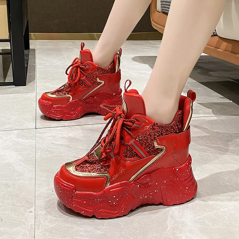 

Women Sports Shoes Fashion Rhinestone SequinSneakers Spring 2023 Red Platform Wedge CasualFemale Vulcanize Shoes High Quality