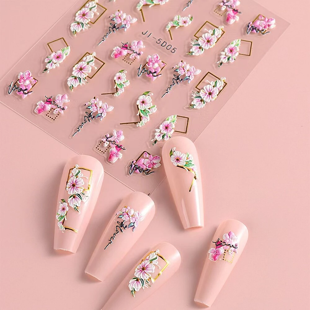 5D Spring Cherry Blossom Nail Decals Flower Geometric Line Slider