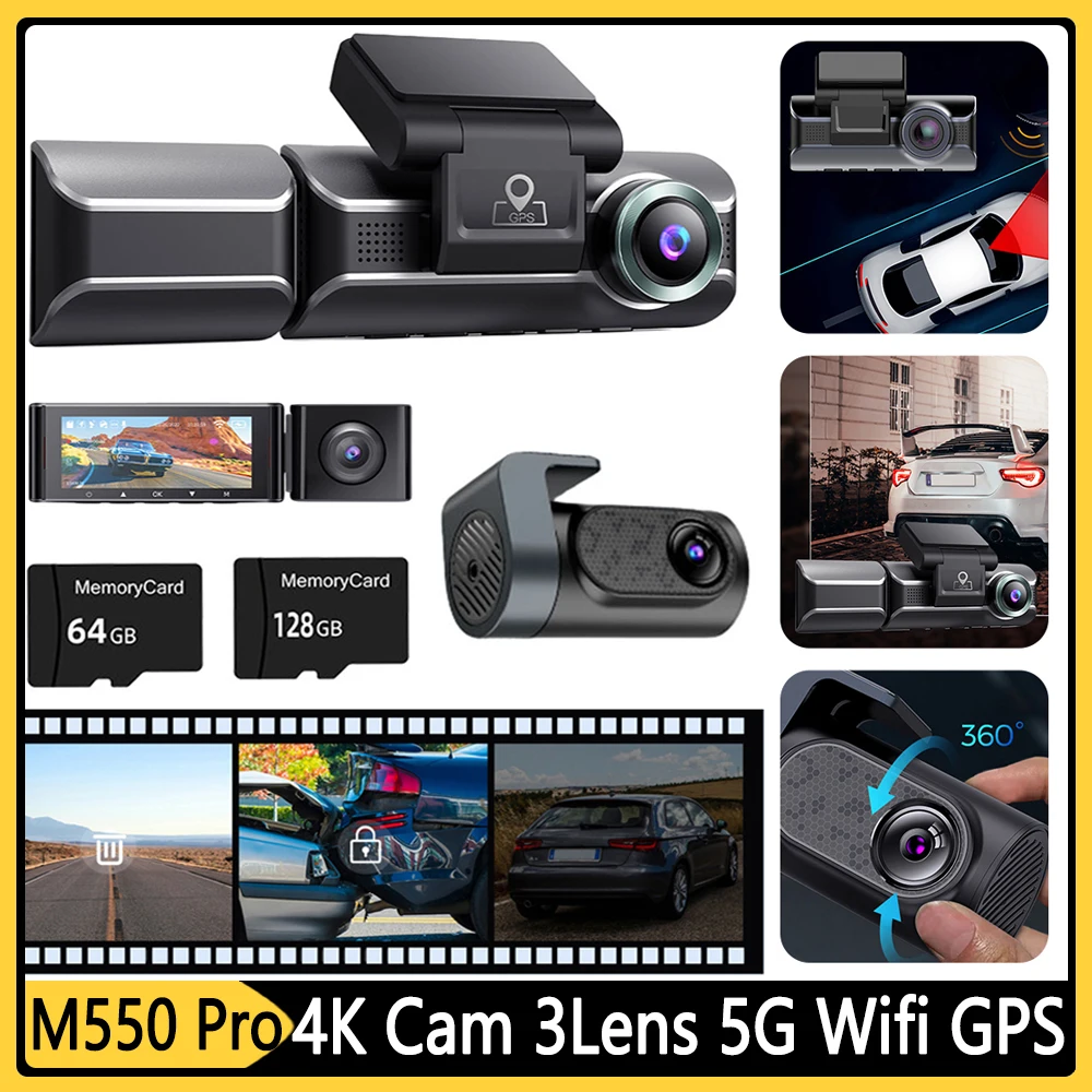 4K Wifi Dash Cam Front and Rear with 64GB Sd Card,3.5 Small Dash Camera  for Car