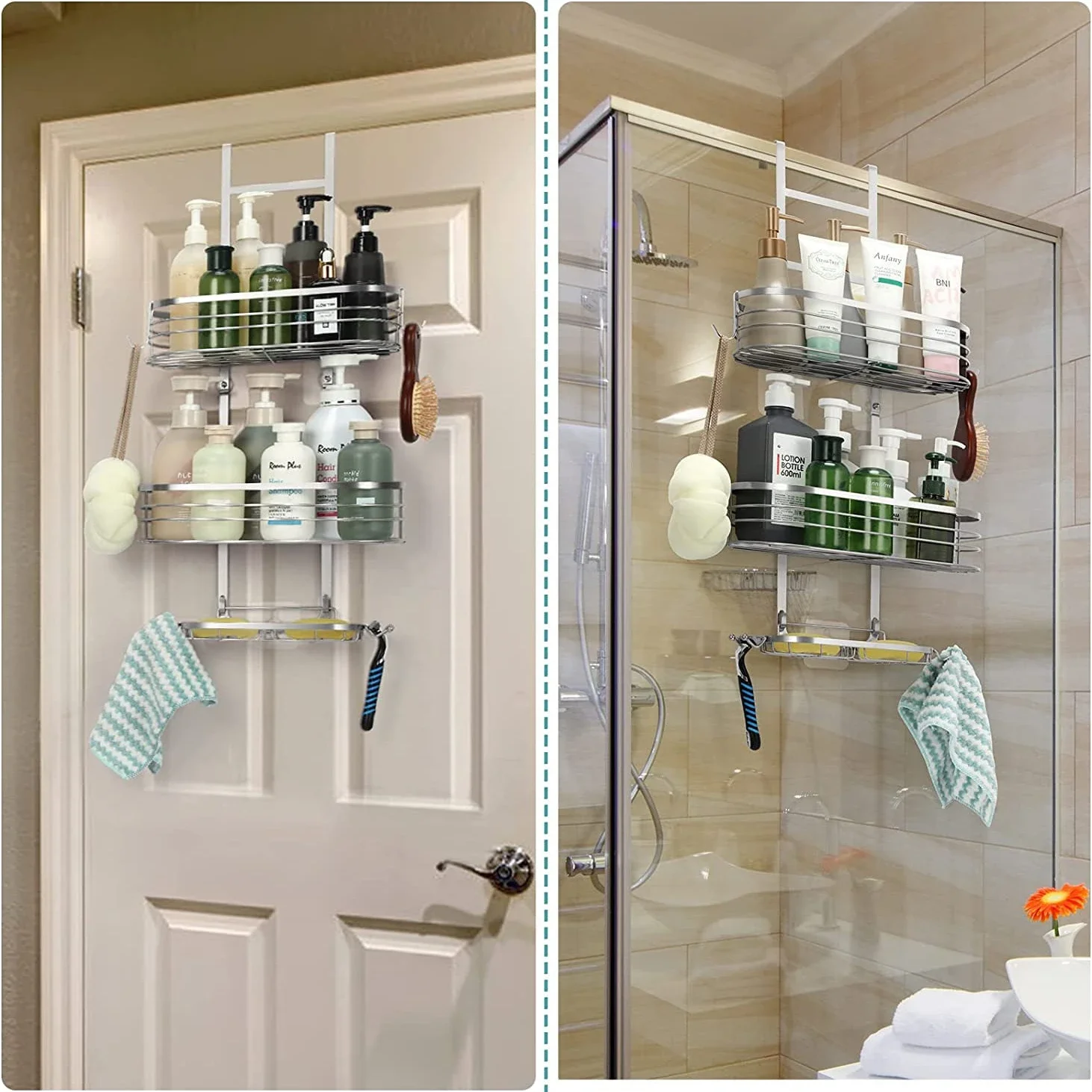 

Over the Door Shower Caddy Organizer, Shower Storage Rack Shelf with Hooks & Soap Holder, Silver Free Shipping