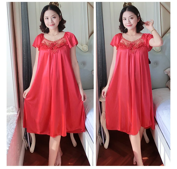 Ladies Nightdress Sexy Ice Lace Large Size Solid Color Flower Pajamas Thin Short-sleeved Lace Skirt Night Dress Women Dress