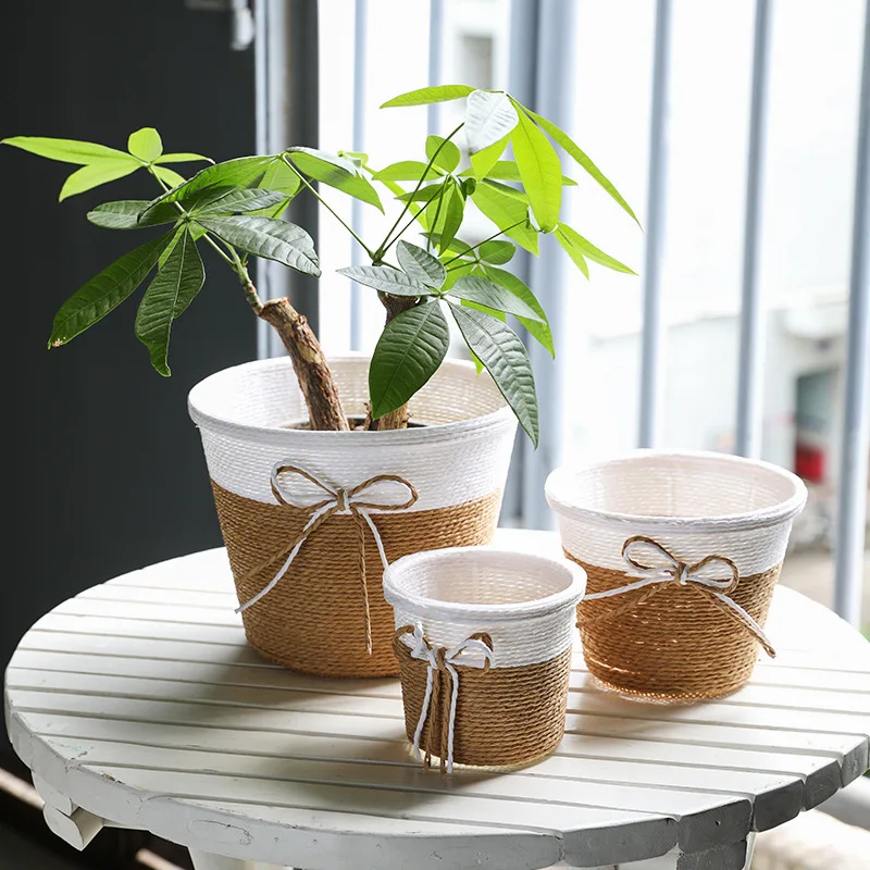 Paper Rope Plant Basket Floor Indoor Planters with Plastic Liner Flower Pot for Home Decor Artificial Plants Storage Organizer