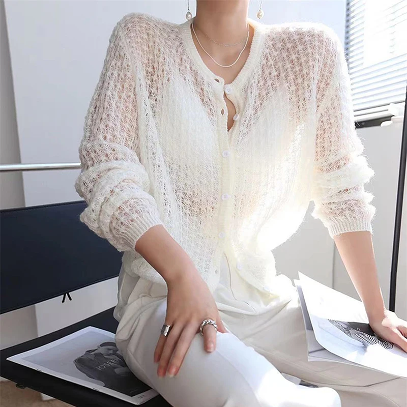 

2022 Hollow Out See Through Cardigan Lady Fashion Long Sleeve Single Breasted Button Knitted Sweater Women Autumn Sweet Thin Top