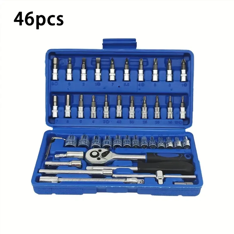 46-Piece Socket Wrench Set Professional Automotive Tool Set Made of Chrome-Vanadium Steel Features Quick-Release Socket Wrench
