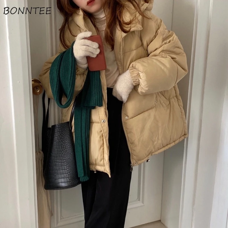 

Parkas Women Warm Winter Thicken Hooded Solid Leisure Office Lady Outwear Simple Popular Students Basic Zip-up Ulzzang Trendy