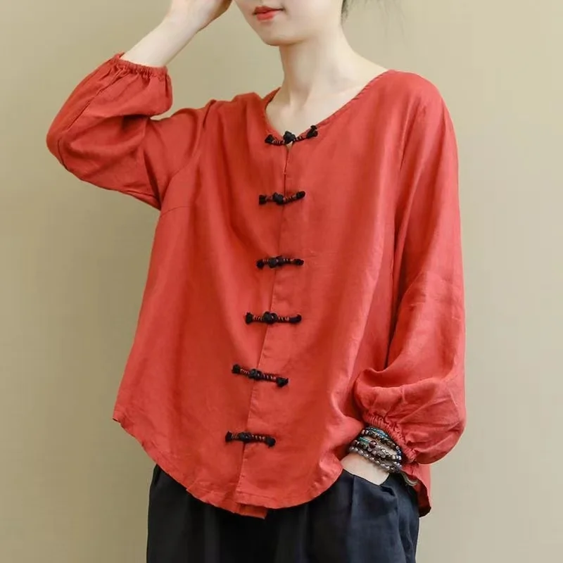 Retro Ethnic Print Linen Shirt Summer Linen Cotton Women Clothing Spring And Autumn Loose Literature Chinoiserie Ladies Top