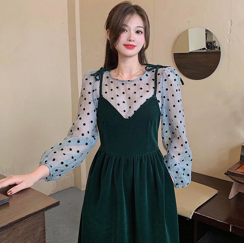 2022 فستان شيال بلوزه منقطه تصاميم كوريه جديد فساتين العيد لعام