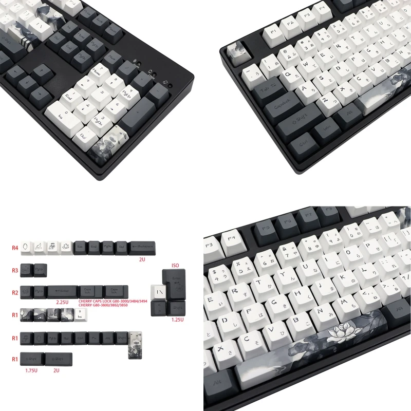 Elegante Ink Lotus Keycap Oem Altura 140 Teclas Keycaps para Interruptores mx Gk61 Rk61 68 980 108 Iso Key Dye Subb Japonês - Imagem 6