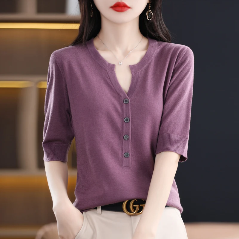 Women's T-Shirt Summer Worsted Wool Sweater Short Sleeve Casual V-Neck Ladies Tops Loose Blouse Button Pullover Tees