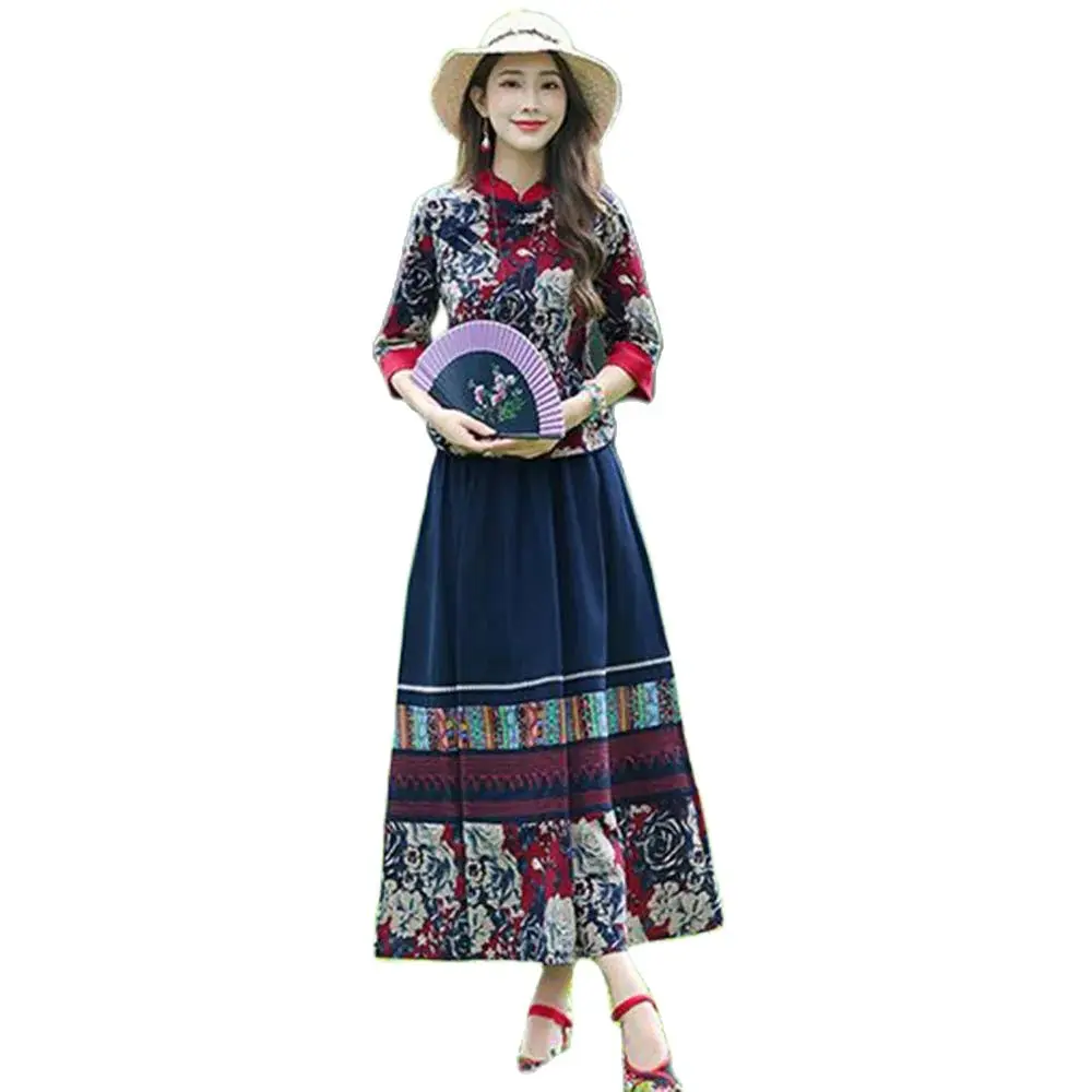 

Chinese Style Spring, Summer And Autumn Retro Printed Cotton, Linen, Tea And Folk Style Women's Improved Cheongsam Suit Dress.