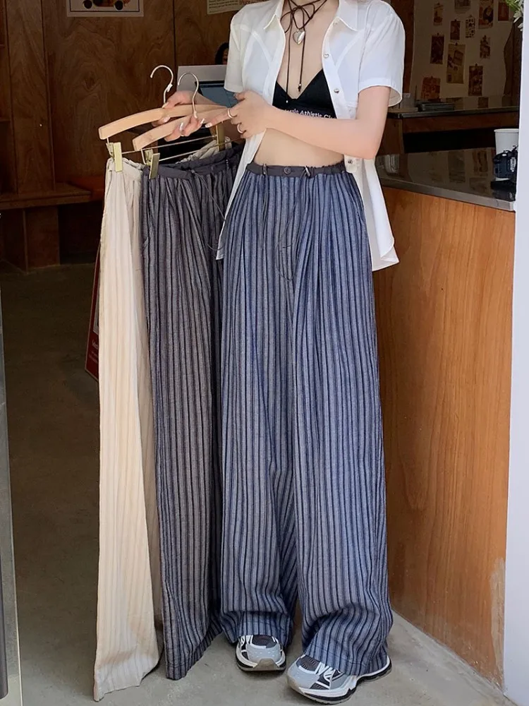 

SML 3Colors Korean Women 2024 Summer Casual Thin High Waist Striped Straight Pants Female Wide Leg Long Trousers Womens (L5123