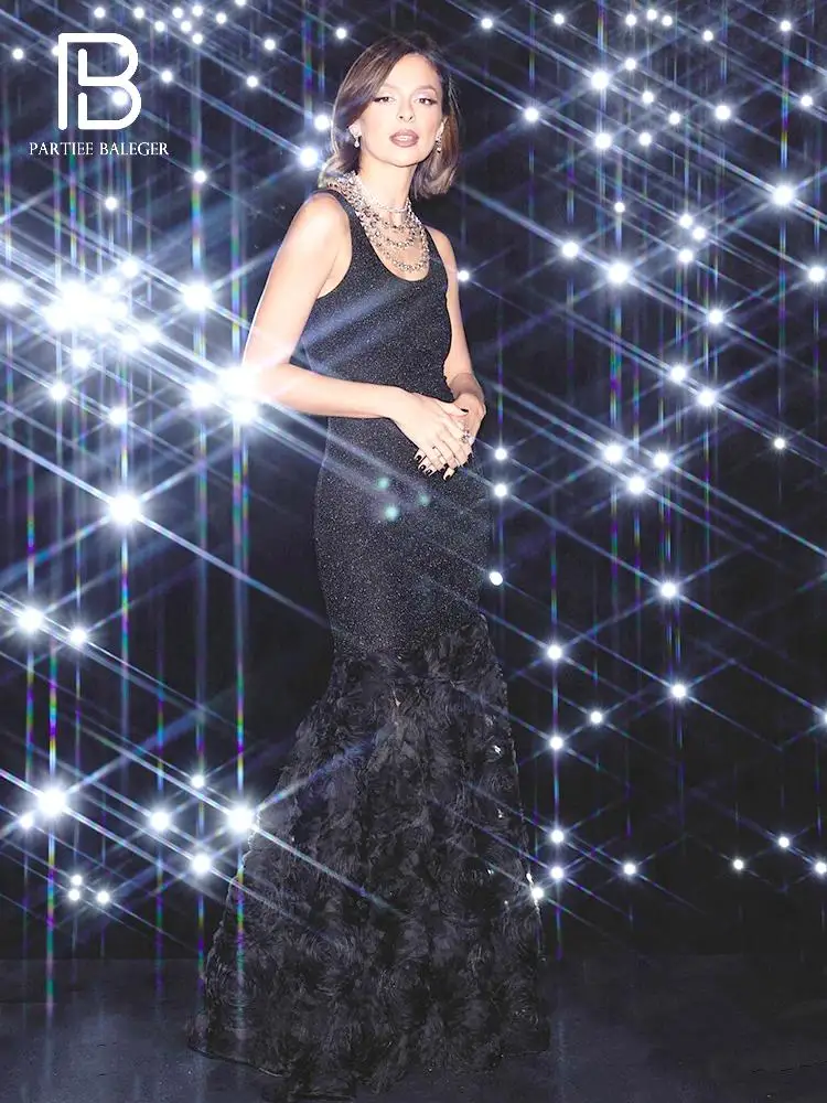 PB Elegantes schwarzes Pailletten-Meerjungfrau-Abendkleid – luxuriöses, ärmelloses Blumen-Formalkleid für Damen, langes Maxi-Abschlussball- und Party-Outfit