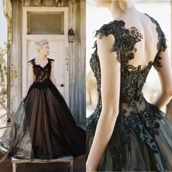 Vintage Black Wedding Dresses Lace Applique Sweetheart A-Line Gothic Bridal Dress Beaded Backless Long Tulle Wedding Bridal Gown