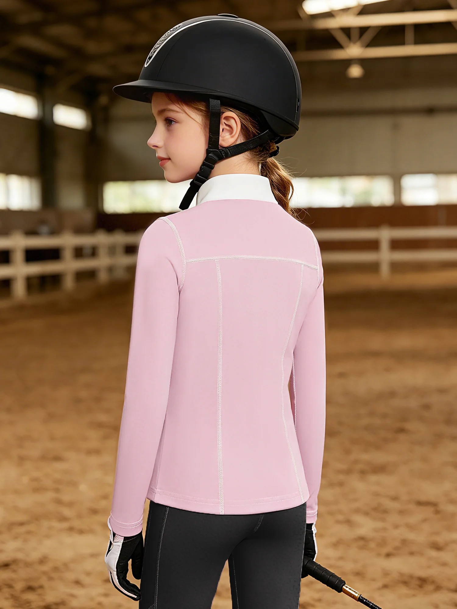 Kids Girls Long Sleeve Equestrian Show Shirt Contrasting Stand Collar Horse Riding T-shirt Quick-dry Athletic Sweatshirt