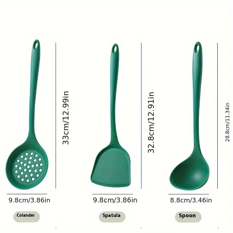 Three-piece Dark Green Silicone Kitchenware Set, Including A Silicone Spatula, A Spoon, and Slotted Spoon.