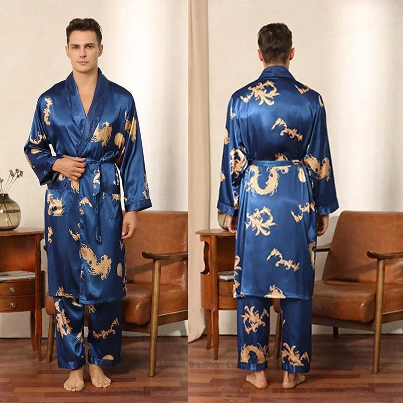 Men's Red Dragon Print Pajamas Set Loose Kimono Top Pant Shorts Silk Satin Nightwear