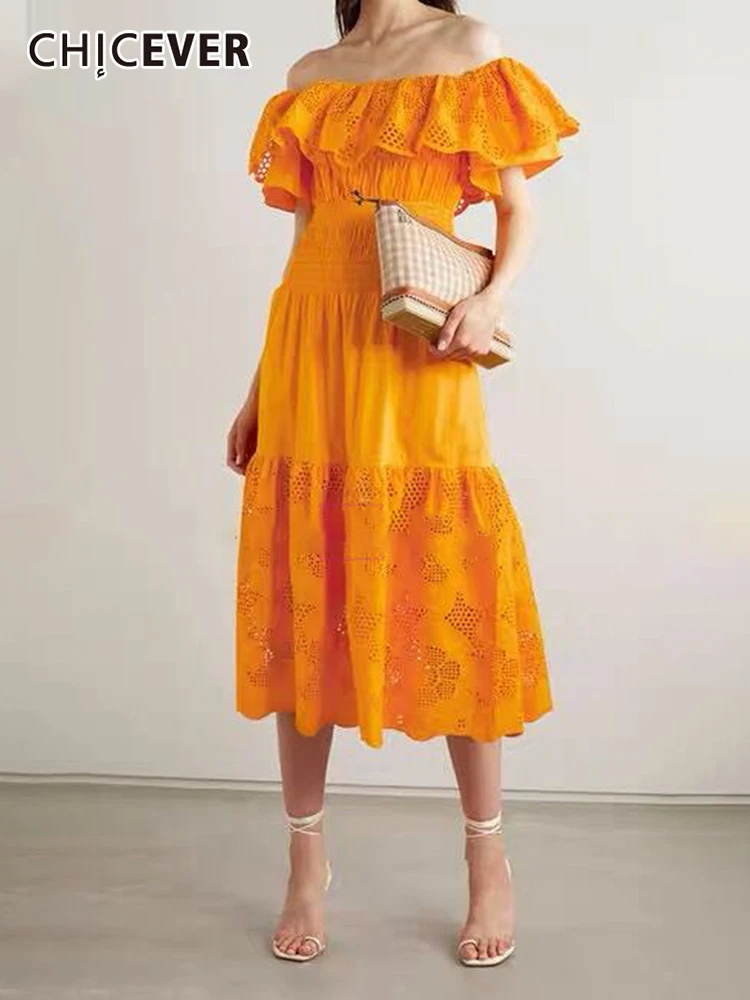 CHICEVER Elegant Solid Dresses For Women Slash Neck Short Sleeve Off Shoulder High Waist Cut Out