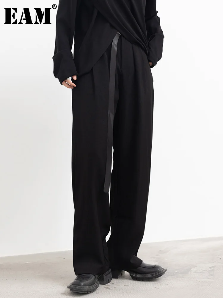 

[EAM] High Waist Black Belted Long Wide Leg Casual Pants New Loose Fit Trousers Women Fashion Tide Spring Autumn 2024 1DF3671