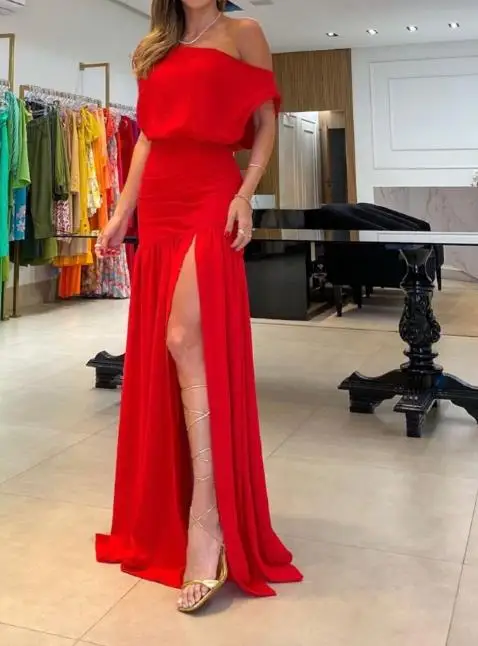 

Women's Dress Raglan Sleeves Short Sleeve Street Trendsetter Fashion One Line Neck Split Floor Sweeping Holiday Dress Party