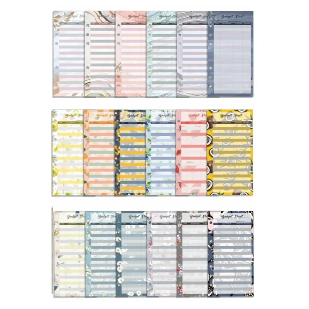 12매 A6 루즈리프 리필 예산지 6공 꽃무늬 지출 추적 리필 바인더 용지 현금 봉투용