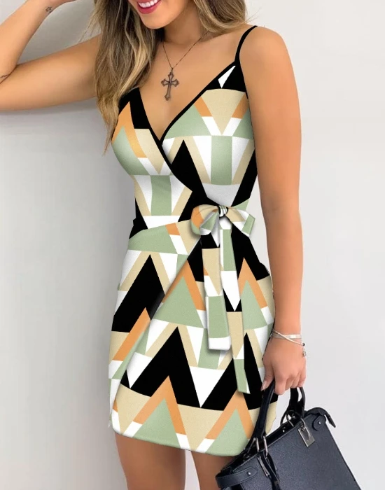 

Y2K Clothing Elegant and Pretty Women's Dresses 2023 Autumn New Fashion Casual Strap V-Neck Print Lace Up Mini Female Dress
