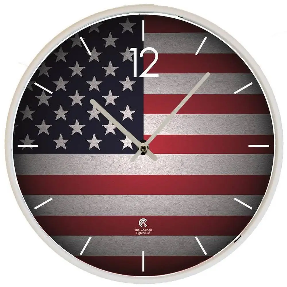 

12.75" US Flag Decorative Wall Clock Handmade Eco-Friendly Chicago Lighthouse Veterans Support White Durable Analog Round