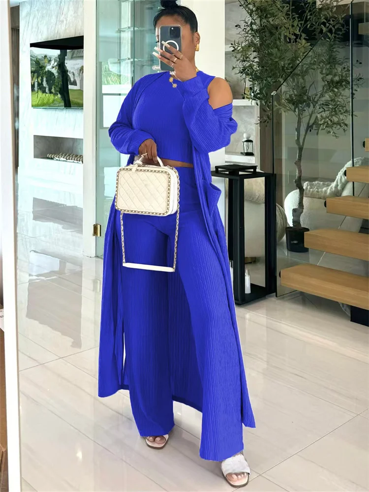 Wmstar Women Three Piece Set Autumn Fashion Solid Color Casual Long Sleeve Vest Wide Leg Long Pants Lady Outfit Work Tracksuit