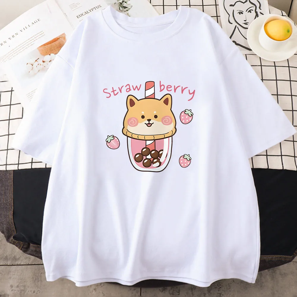 Kawaii Strawberry Milk Graphic Tee - Soft Cotton Short Sleeve Casual Top