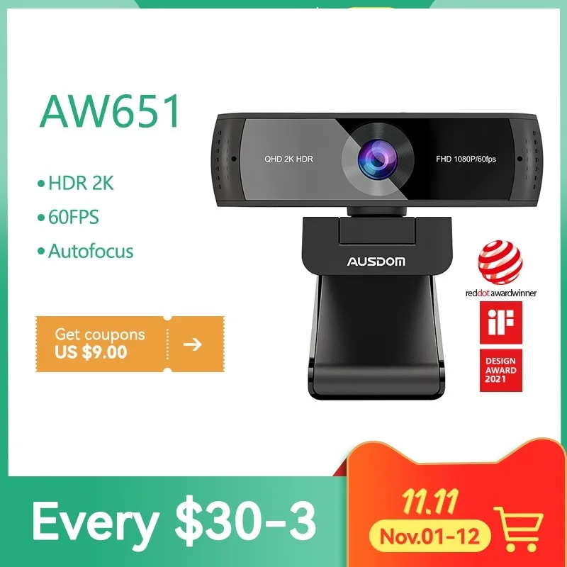 AW651 QHD 2K HDR 30FPS 웹캠 자동 초점 1080P 60FPS 웹 카메라, 노이즈 캔슬링 마이크 및 라이브 무료 개인 정보 보호 커버 포함, 신제품
