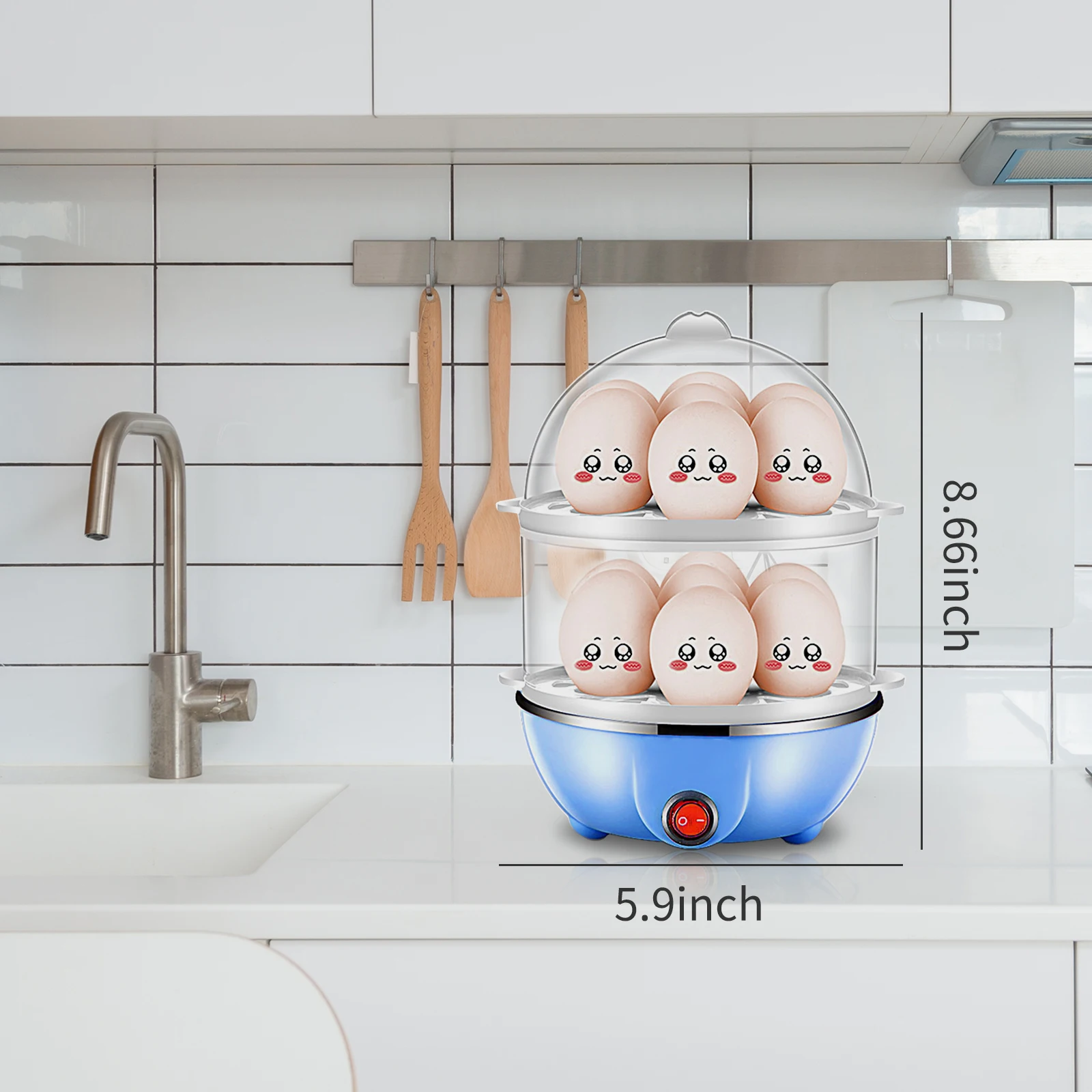 Double Layer Egg Cooker 14 Egg Capacity Hard Boiled Egg Cooker Anti-dry Electric Egg Boiler with 40mL Measuring Cup Steam 3