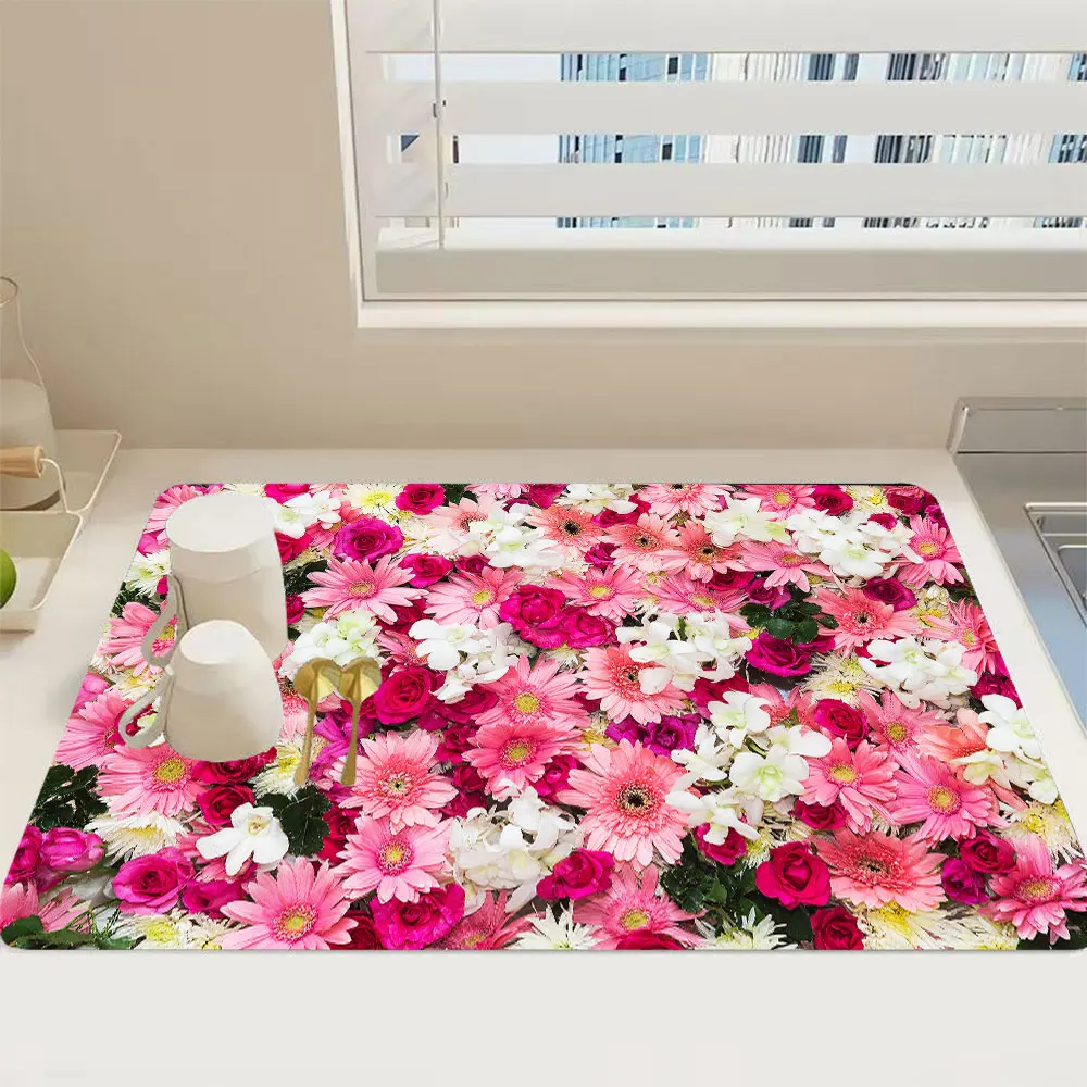 

Flower Printed Kitchen Drain Pad Absorbent Sink Mats Non Slip Dish Drying Mat Coffee Tableware Placemat Drainer Pads Alfombra