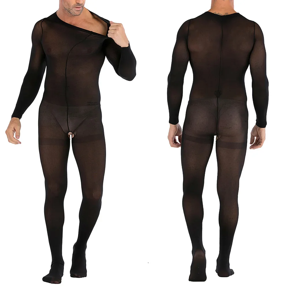Men Bodysuits Sexy Erotic Lingerie Sheer Solid Color Breathable Crotchless Full Body Transparent Soft Stockings
