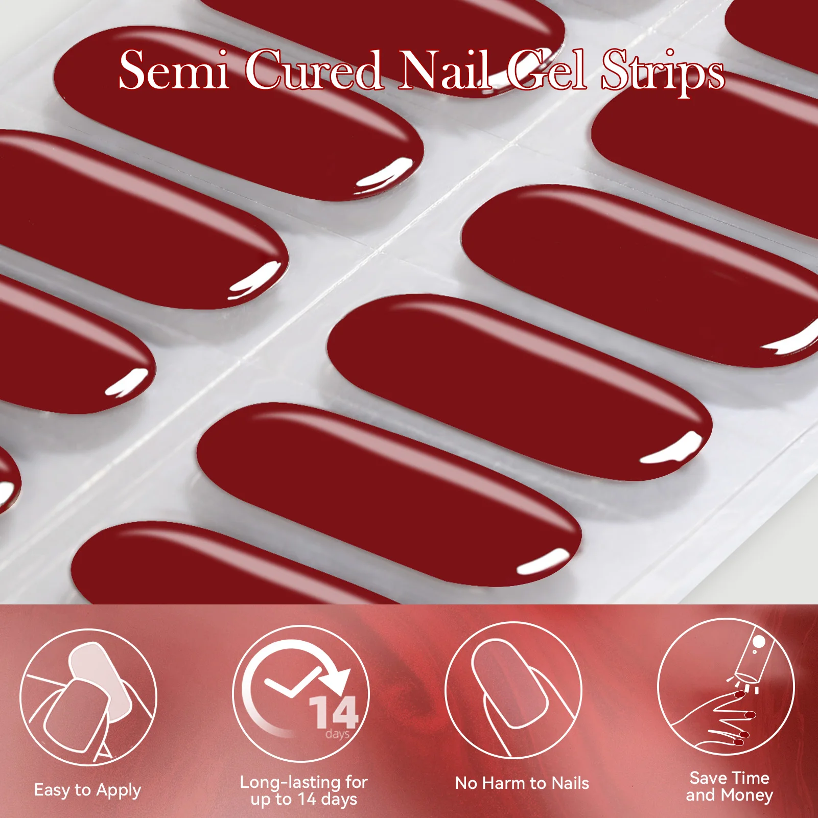 Harunoura Red Series Semi Cured Gel Nail Strips Maroon Gel Polish Nail Stickers Waterproof Long Lasting Stickers for Nails Decor 5