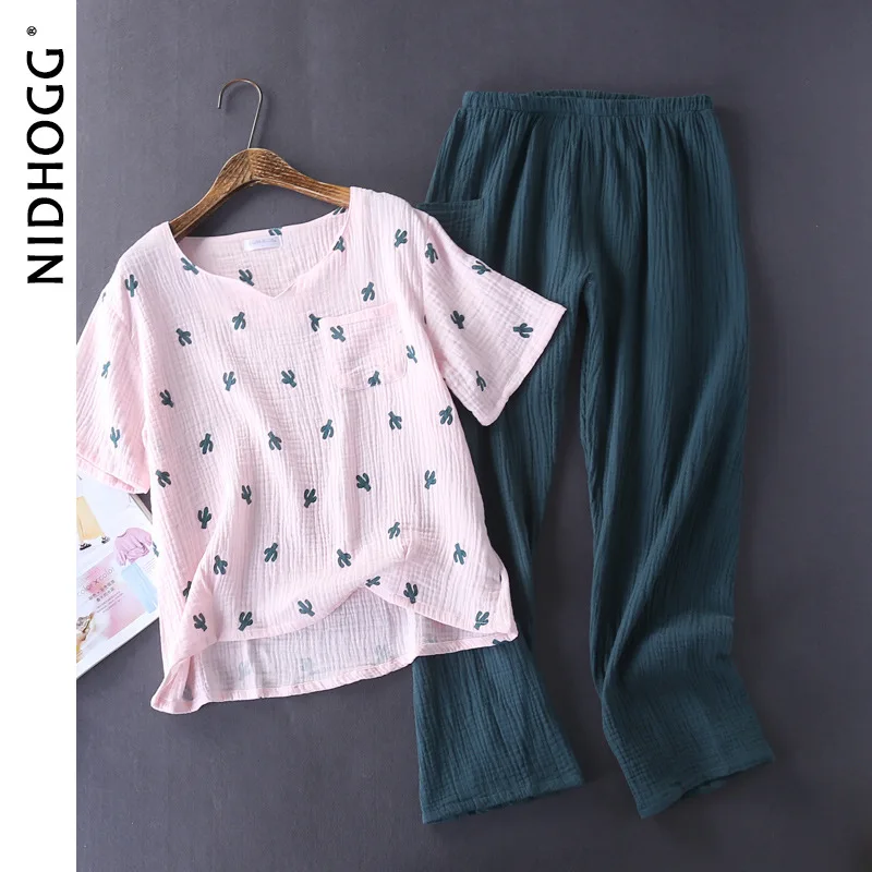 Women's Cotton Pyjamas Water-washed Crepe Yarn Short-sleeved Long Pants Sleepwear Home Suit 2-piece Set women pajamas set cotton pajamas set