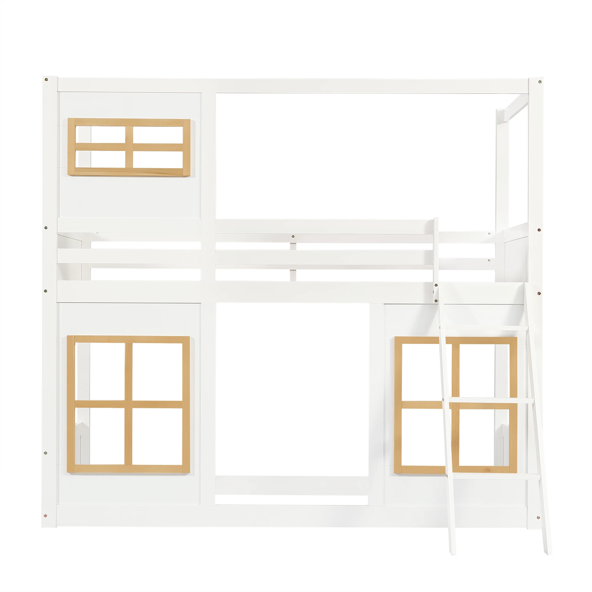 Etagenbett, Kinderbett, mit schönen Fenstern, stabile Leiter, mit vierseitigem Geländer, Kiefer + MDF + Sperrholz, weiß + naturfarben – Detail 11
