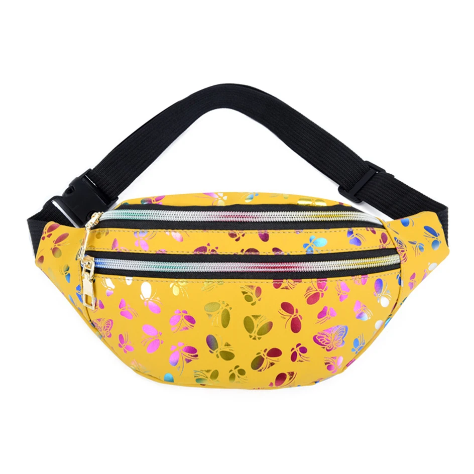 

Colourful Shiny Fanny Pack For Women Butterfly PU Waist Bag Running Travel Shoulder Bag Multi-function Portable Mobile Phone Bag