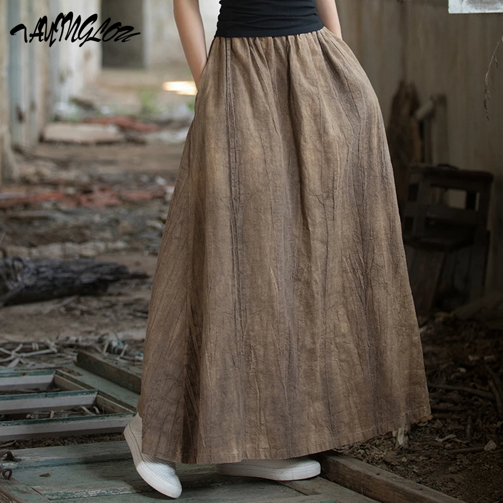 

Skirts For Woman 2024 Autumn Ramie Faldas Tie-Dye Chinese Skirt Elastic Waist Literary Long Skirts Loose Basics Half-Body Skirt