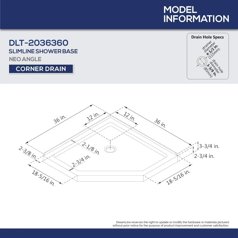 Corner Drain Neo-Angle Shower Base in Black, 36 in. D X 36 in. W X 2 3/4 H,DLT-2036360-88, Shower Base