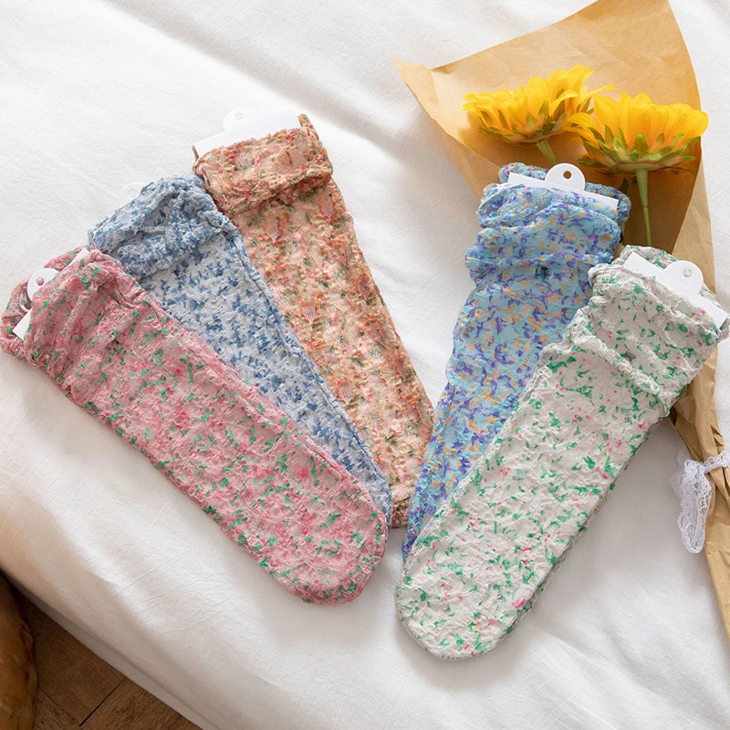 

Women Korean Style Fashion Harajuku Floral Print Fluffy White High Long Socks Summer Thin Mesh Transparent Short Floor Stockings