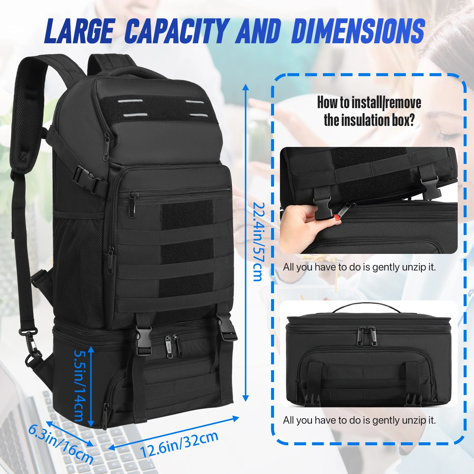 Lunch Backpack 15.6 Inch laptop Backpack with Insulated Compartment Cooler Outdoor Hiking Travel Waterproof Backpack Detachable