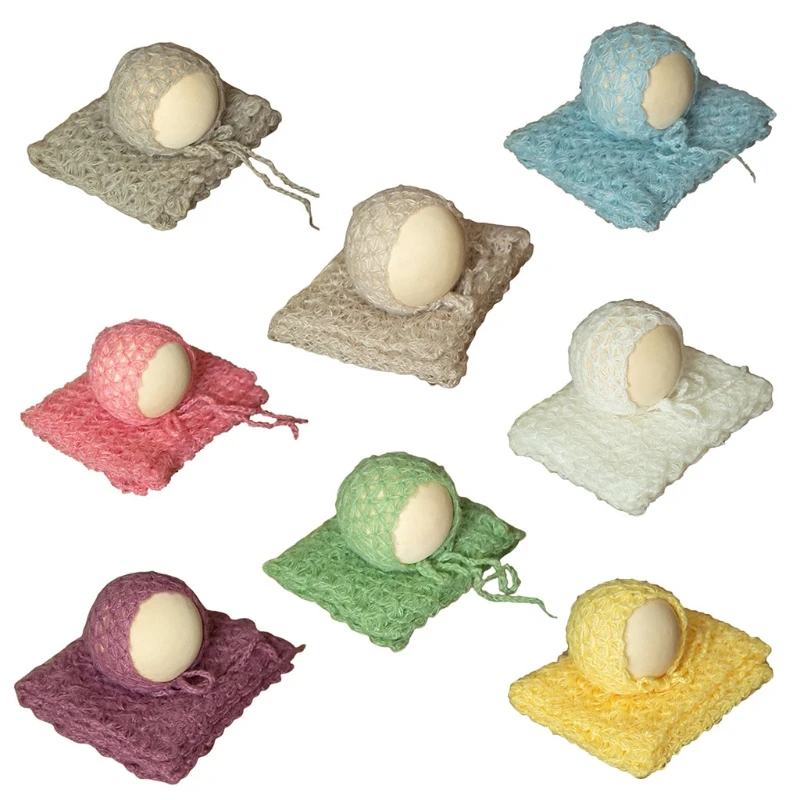 

Baby Infants Blanket Backdrop Set Newborn Photography Props Stretch Knitted Wrap Swaddling Mesh Hat